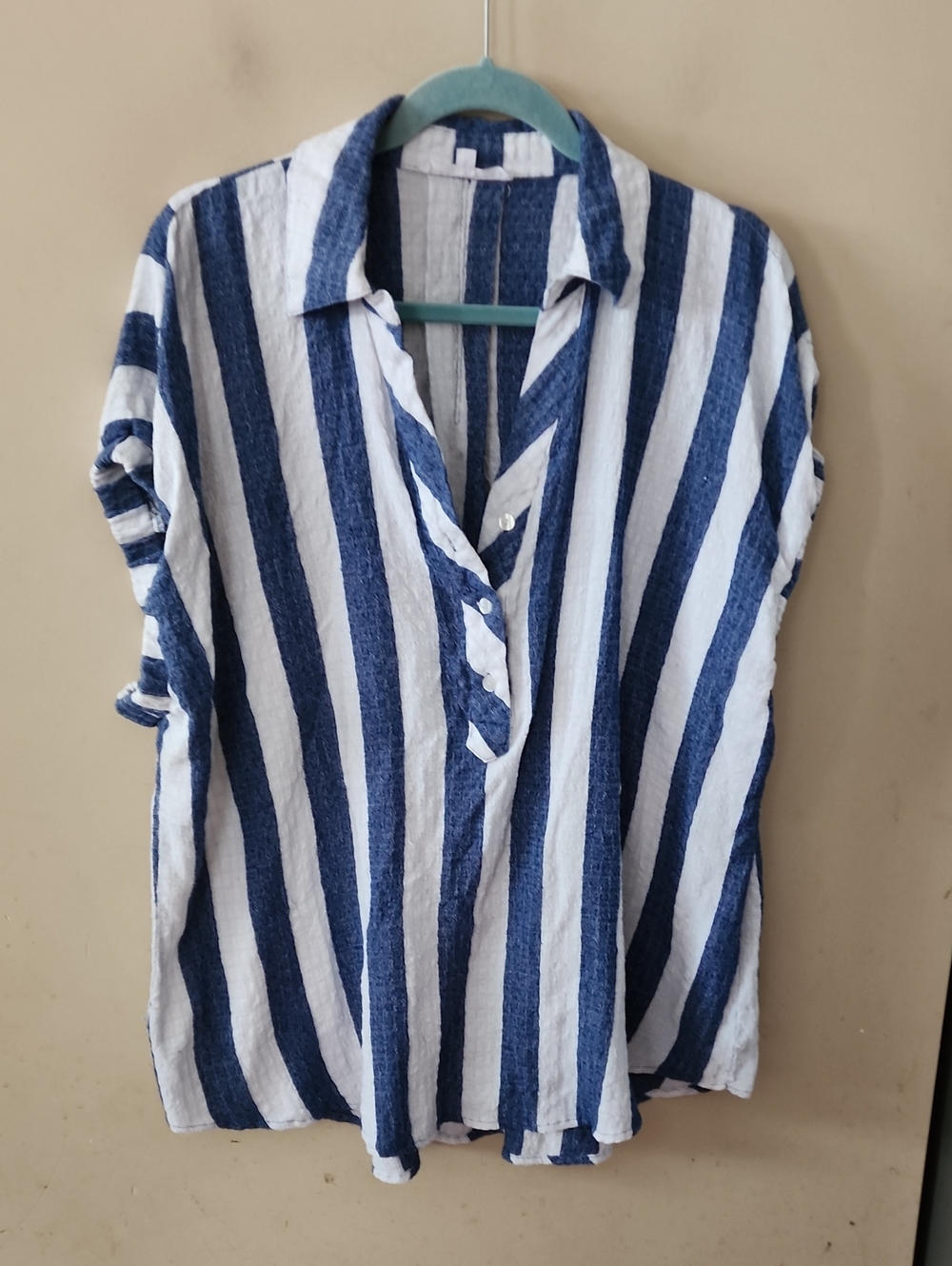 Blue and White Vertical Stripe Button-Up Shirt